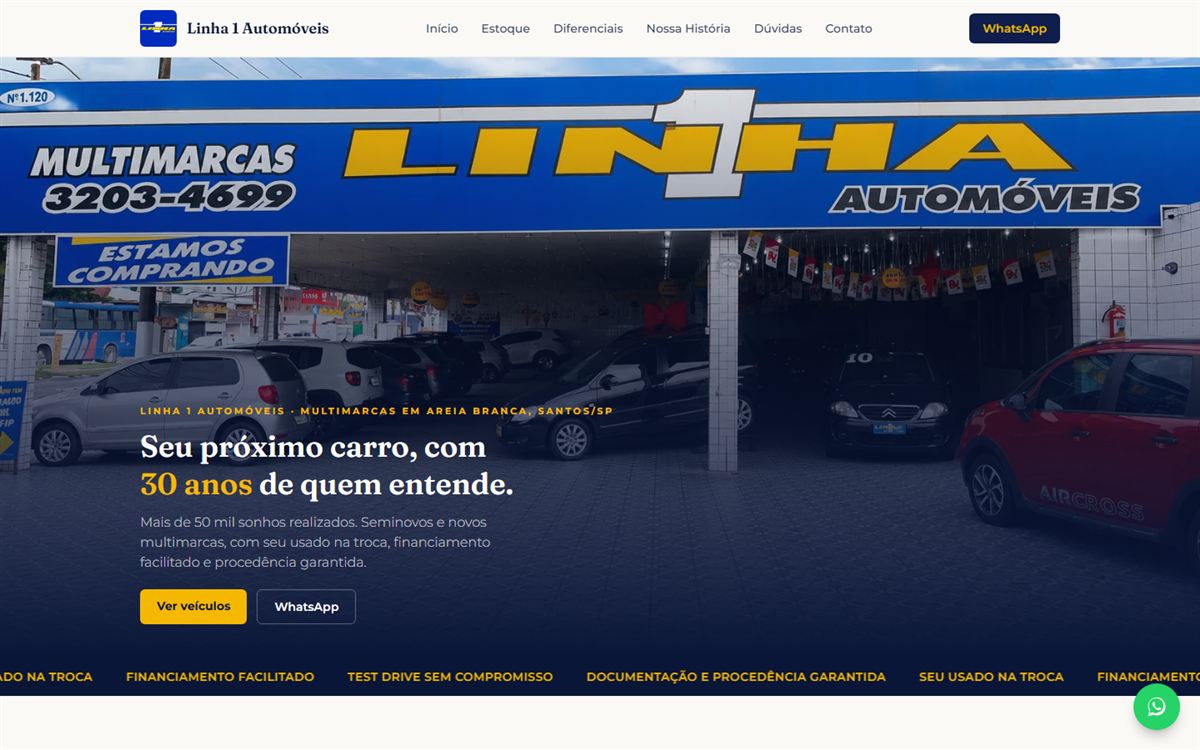 Página inicial do site da Linha 1 Automóveis